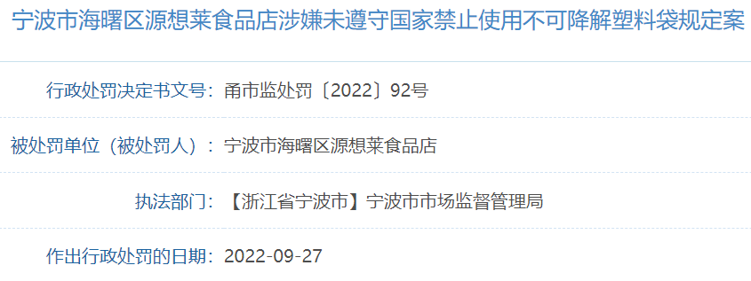 寧波市一食品店使用不可降解塑料袋被罰，降解塑料袋推廣還需努力